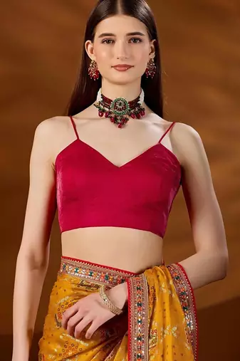 Mustard bandhani embroidered organza saree