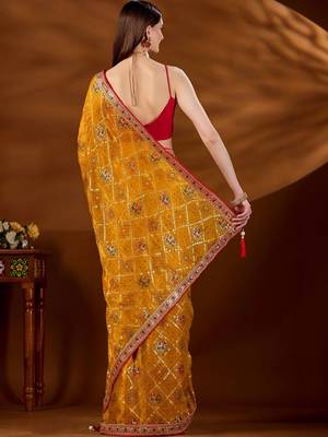 Mustard bandhani embroidered organza saree 5