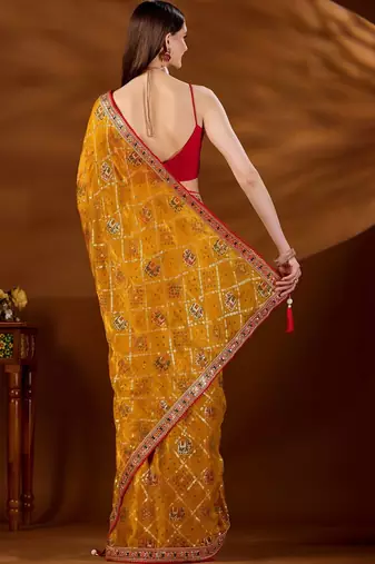 Mustard bandhani embroidered organza saree