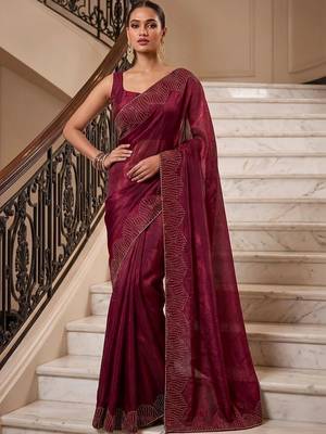 Maroon embroidered organza saree 1