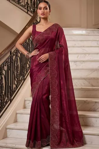 Maroon embroidered organza saree