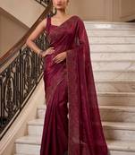 Maroon embroidered organza saree
