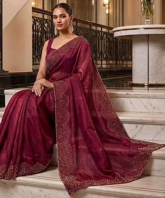 Maroon embroidered organza saree 2