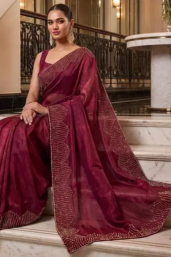 Maroon embroidered organza saree