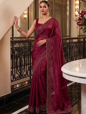 Maroon embroidered organza saree 3