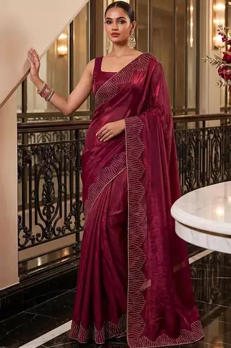 Maroon embroidered organza saree