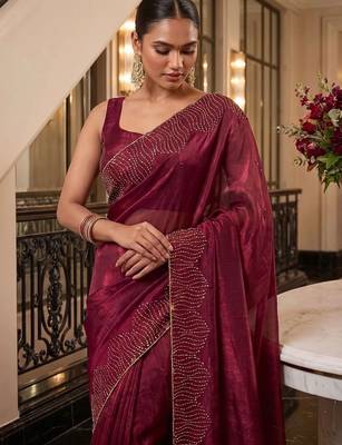 Maroon embroidered organza saree 4