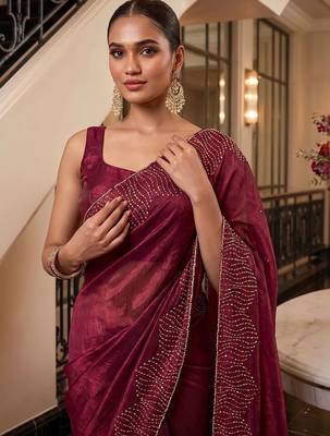 Maroon embroidered organza saree 5