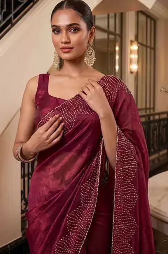 Maroon embroidered organza saree
