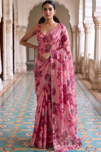 Pink floral sequinned organza saree