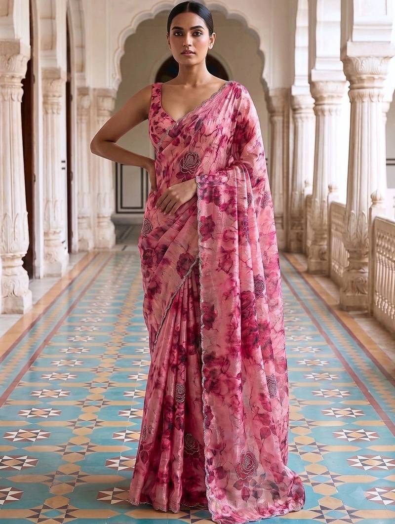 Pink floral sequinned organza saree