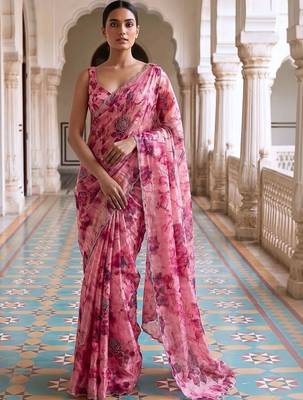 Pink floral sequinned organza saree 2