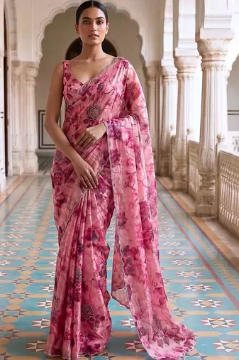 Pink floral sequinned organza saree