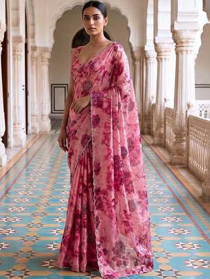Pink floral sequinned organza saree 3
