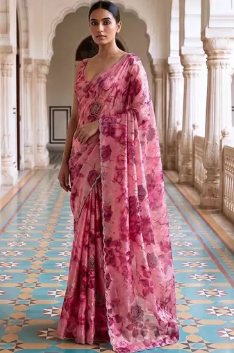 Pink floral sequinned organza saree
