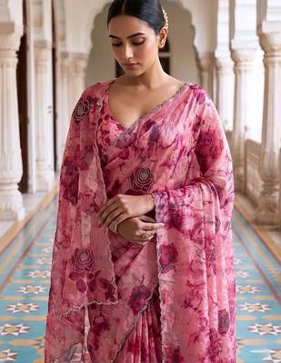 Pink floral sequinned organza saree 4
