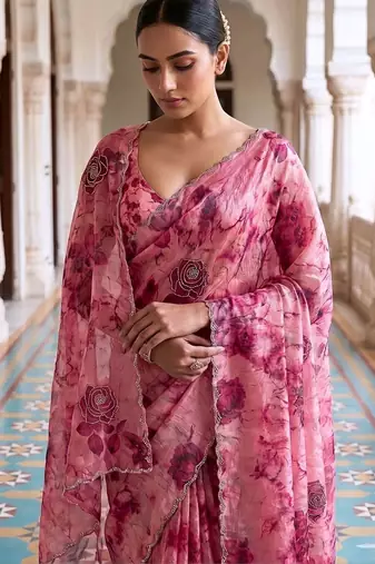 Pink floral sequinned organza saree