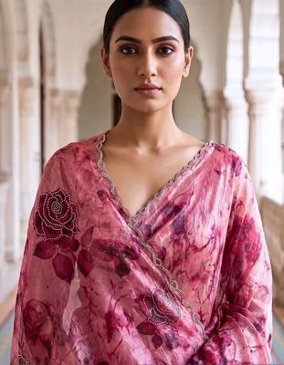 Pink floral sequinned organza saree 5