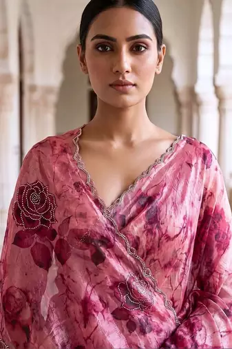 Pink floral sequinned organza saree