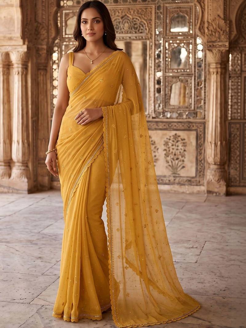 Mustard ethnic motifs embroidered poly chiffon saree
