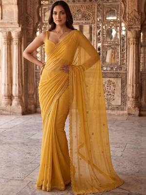 Mustard ethnic motifs embroidered poly chiffon saree 2