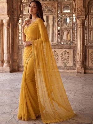 Mustard ethnic motifs embroidered poly chiffon saree 3