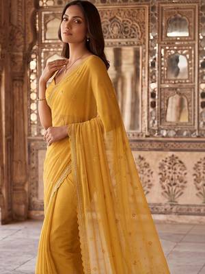 Mustard ethnic motifs embroidered poly chiffon saree 4