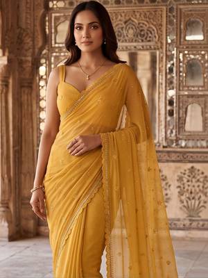 Mustard ethnic motifs embroidered poly chiffon saree 5
