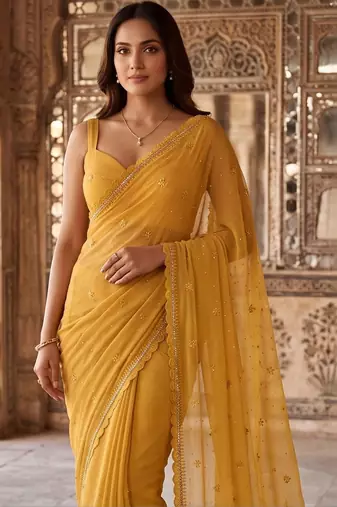 Mustard ethnic motifs embroidered poly chiffon saree