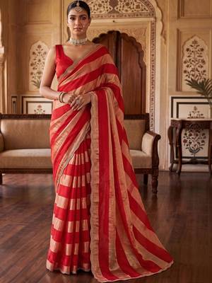 Red striped zari organza saree 1