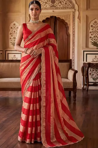 Red striped zari organza saree