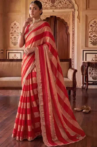 Red striped zari organza saree