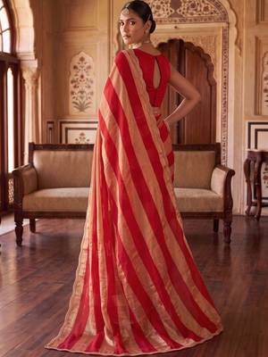 Red striped zari organza saree 3