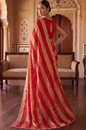 Red striped zari organza saree