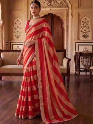Red striped zari organza saree 4