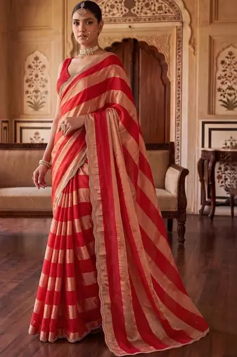 Red striped zari organza saree