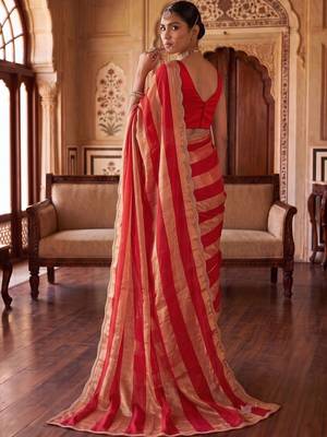 Red striped zari organza saree 5