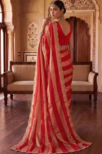 Red striped zari organza saree