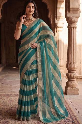 Teal women striped beads and stones organza designer saree
