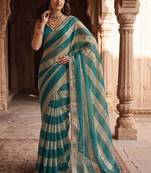Teal women striped beads and stones organza designer saree
