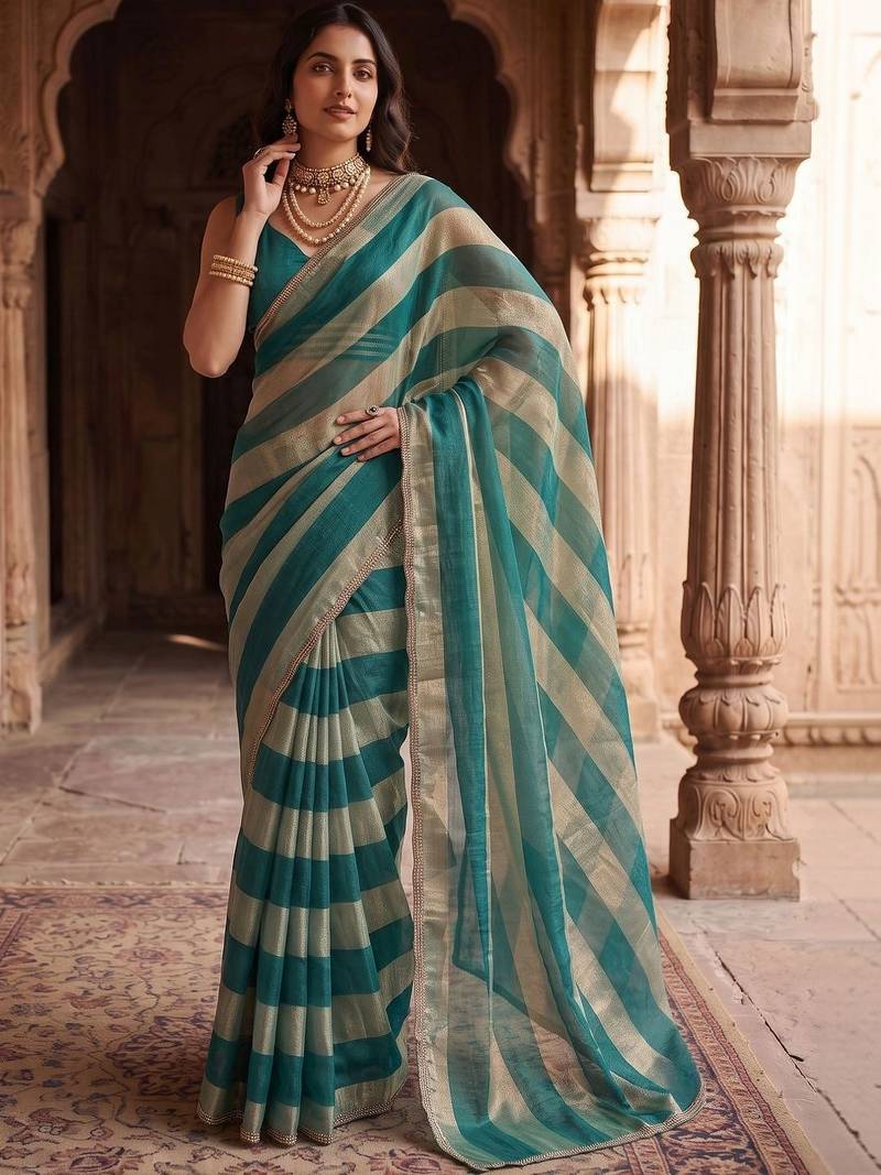 Teal women striped beads and stones organza designer saree