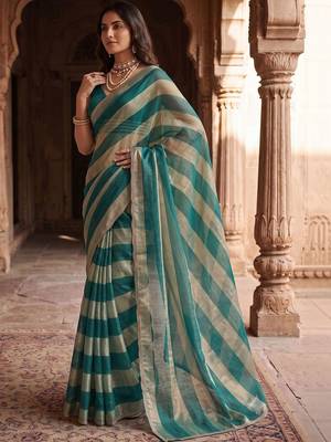 Teal women striped beads and stones organza designer saree 2