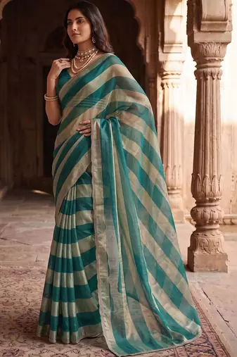Teal women striped beads and stones organza designer saree
