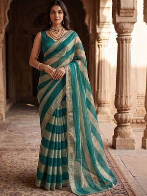 Teal women striped beads and stones organza designer saree 3