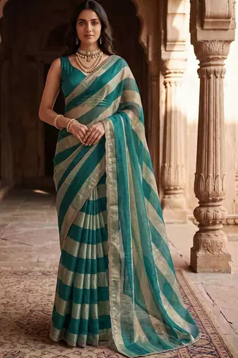Teal women striped beads and stones organza designer saree
