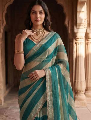 Teal women striped beads and stones organza designer saree 4