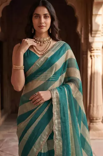 Teal women striped beads and stones organza designer saree