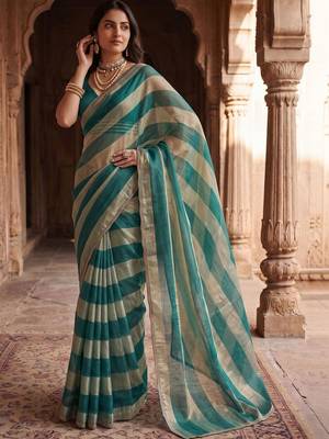 Teal women striped beads and stones organza designer saree 5