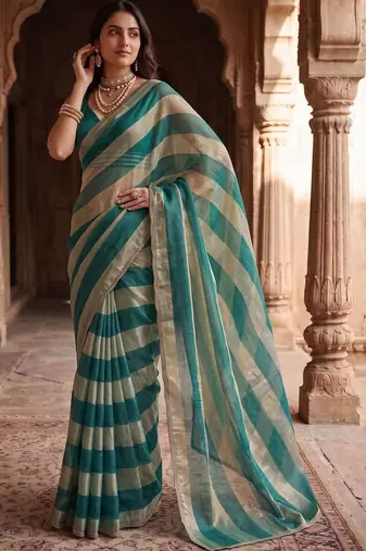 Teal women striped beads and stones organza designer saree