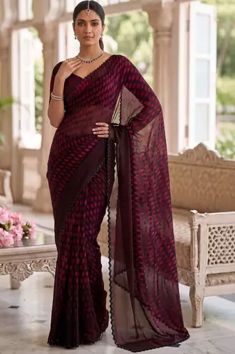 Maroon beads and stones organza designer saree